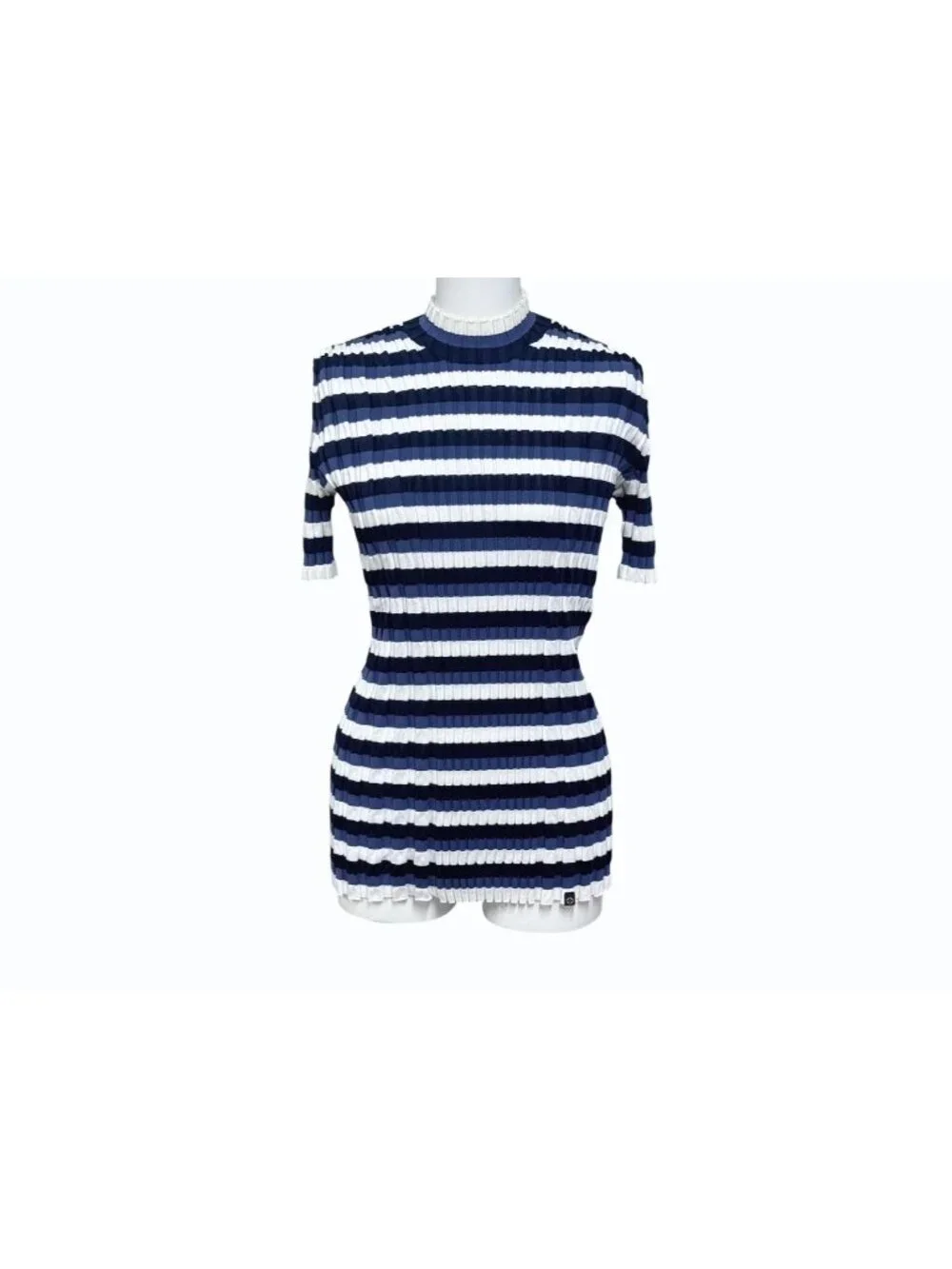 Louis Vuitton Border Rib Knit Short Sleeve Top Blue White Sweater